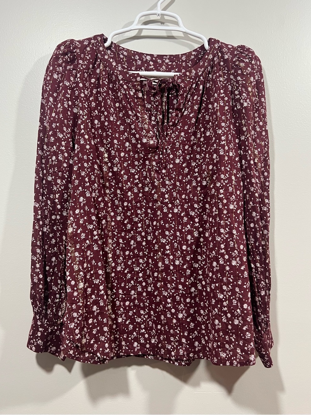 LOFT Maroon Floral Tie-Neck Peasant Blouse Medium